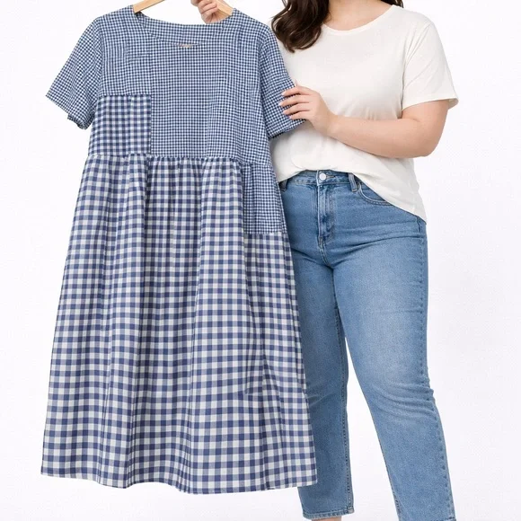 Plus Size Patchwork Gingham Tiered Midi Dress | Short Sleeve | NWOT | Unbranded - Picture 2 of 5